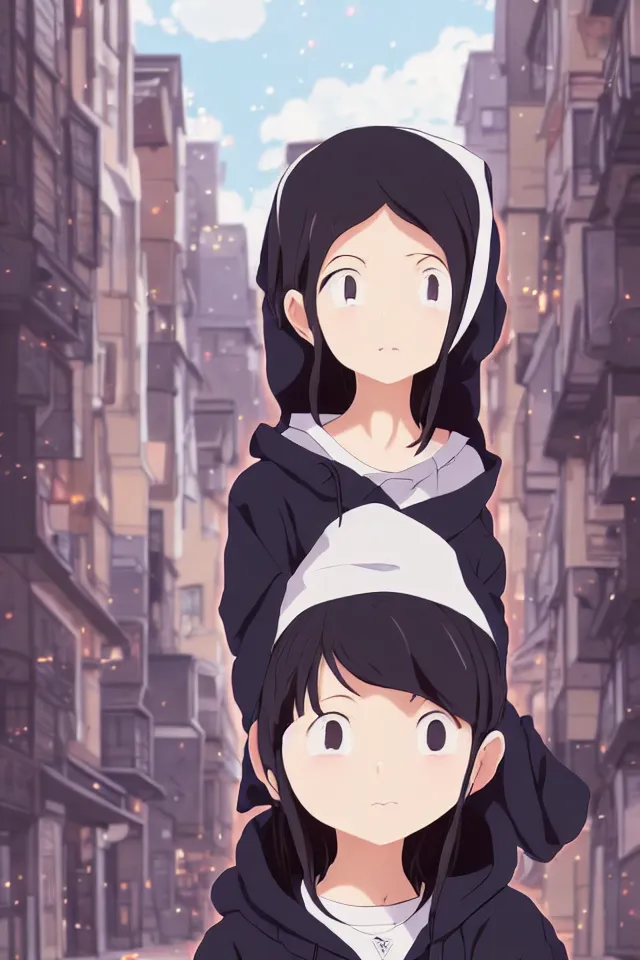 Image similar to anime visual, portrait of a young black haired girl wearing hoodie on the city street, cute face by yoh yoshinari, katsura masakazu, studio lighting, half body, dynamic perspective, strong silhouette, anime cels, ilya kuvshinov, cel shaded, crisp and sharp, rounded eyes