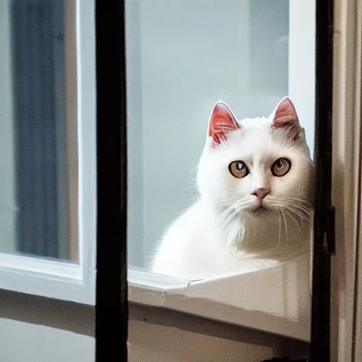 Image similar to A beautiful photo of a white cat looking out of the window at night,It has blue eyes , Photography , Long-range shots