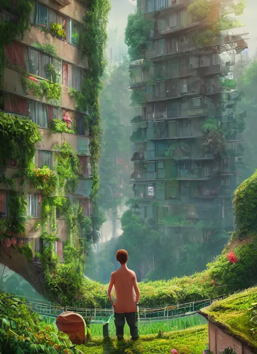 Prompt: lunarpunk portrait of a man looking out from his bedroom window to forest, city pop, au naturel, hyper detailed, digital art, trending in artstation, behance, deviantart, cinematic lighting, studio quality, smooth render, unreal engine 5 rendered, octane rendered, art style by pixar dreamworks warner bros disney riot games and ghibli studios