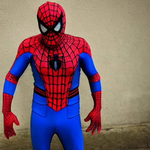 Image similar to Peruvian man wearing Spiderman suit from neck down, uncovered face