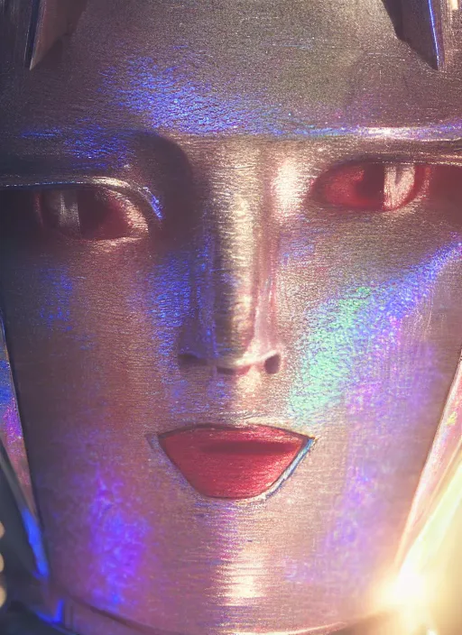 Image similar to hyper realistic and detailed closeup photo of a gundam female android with segmented iridescent translucent panels by annie leibovitz