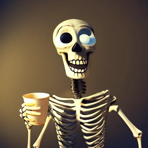 Image similar to portrait of a funny skeleton character holding a cup of coffee. pixar style animation 3 d extremely gloomy lighting, shining light and shadow, atmospheric, cinematic, unreal engine, 8 k