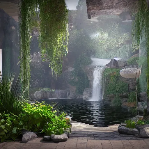 Prompt: Waterfalls and plants in a ancient greek interior,unreal engine,3d render