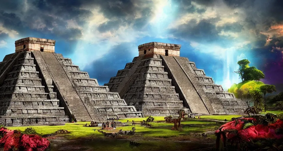 Image similar to ancient mayan civilization, huge mayan city with mayan pyramids in a landscape with waterfalls and stunning light and cheerful colors, epic composition, cinematic lighting, masterpiece, trending on artstation, very very detailed, masterpiece, stunning