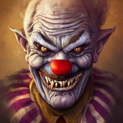 Prompt: digital painting of a wrinkled old scary clown by filipe pagliuso and justin gerard, fantasy, highly, detailed, realistic, intricate