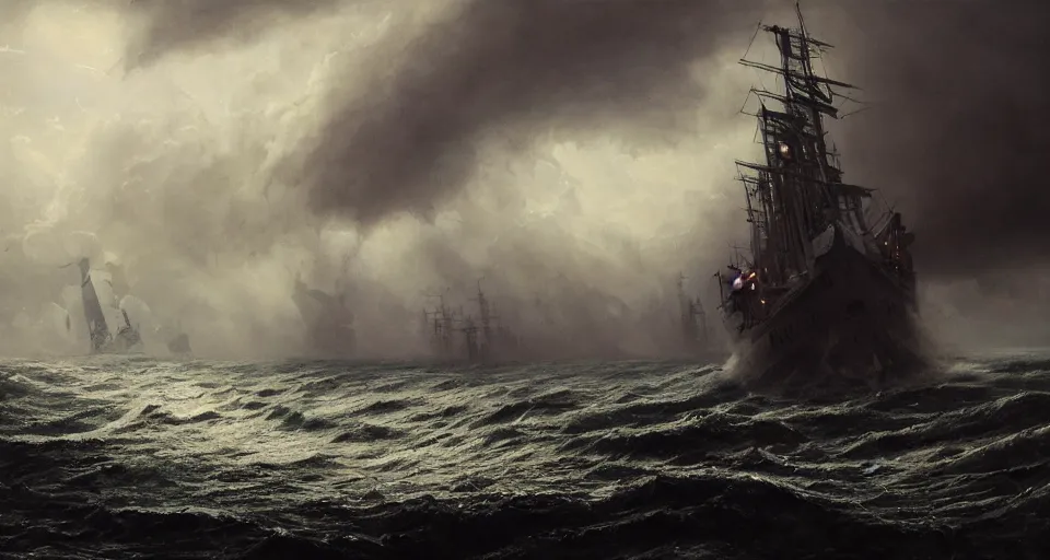 Image similar to giant enormous fierce sailing battleship, raging sea foggy, dramatic, action scene, stormy background, shipfleet on the horizon, high detail, greg rutkowski, james gurney, gene wolfe, gustave dore, jesper ejsing, rhads, makoto shinkai, ilya kuvshinov