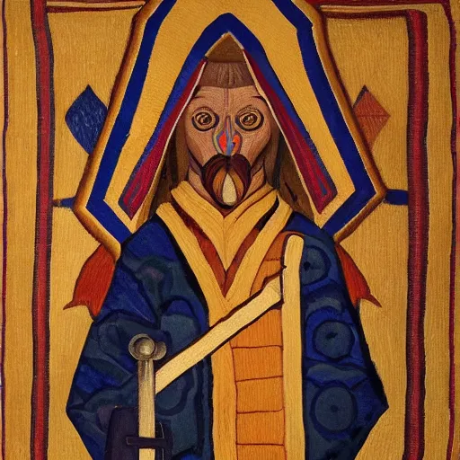 Prompt: slavic dog head man, woolen torso in medieval clothes, holding a weapon, orthodox, oil painting, concept art, hyperrealism, beautiful, high resolution, trending on artstation, by annie swynnerton and nicholas roerich, embroidered robes, elaborate costume, geometric ornament, symbolist, soft colors,,