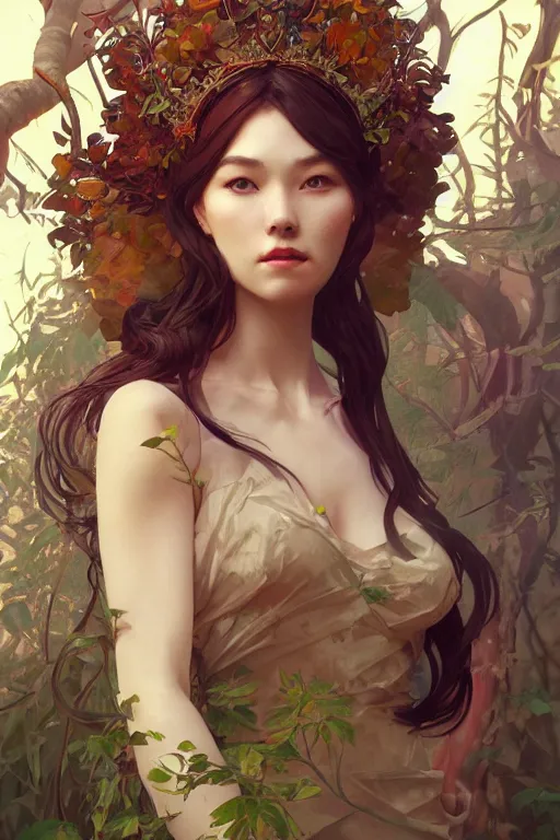 Image similar to full body forest queen akimbo portrait highly detailed, digital painting, artstation, concept art, smooth and sharp focus, illustration, art by tian zi and wlop and alphonse mucha