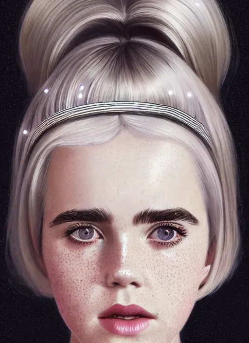 Image similar to portrait of kiernan shipka with freckles, white hair, 1 9 6 0 s bob hairstyle, hairstyle with bangs, 1 9 6 0 s bob hair with bangs and hairband, intricate, elegant, glowing lights, highly detailed, digital painting, artstation, concept art, smooth, sharp focus, illustration, art by wlop, mars ravelo and greg rutkowski