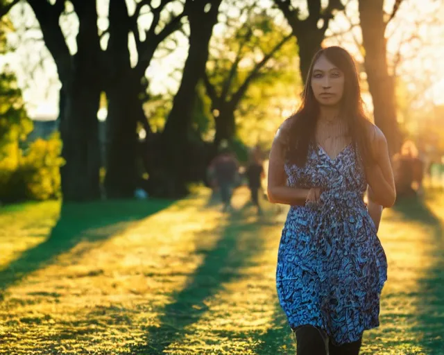 Prompt: a beautiful transgender woman walking through the park at golden hour, 7 0 mm zoom lens, atmospheric lighting