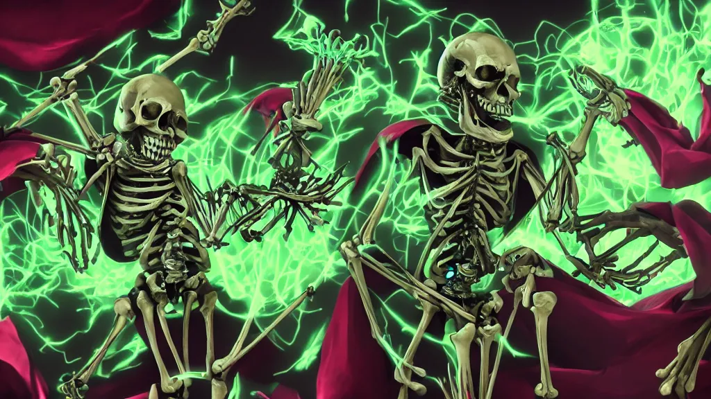 Prompt: an artwork of a skeleton overlord magician casting a spell with green ornaments, Overlord anime style