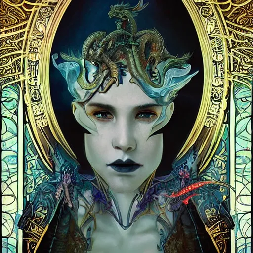 Image similar to portrait of the dragon queen by artgerm and H R Giger and alphonse mucha, Dragon in dragon lair, HD, full body dragon concept, flying dragon, Human body with dragon features, beautiful queen, perfect face, fantasy, intricate, elegant, highly detailed, digital painting, artstation, concept art, smooth, sharp focus, illustration, ray tracing, 4k realistic 3d rendered portrait, soft shading, soft colors, relaxed colors, hyperdetailed, wide angle lens, fantasy, futuristic horror, armor style of giger