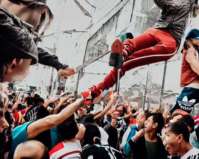 Image similar to incredible absurd surreal closeup of people getting new adidas clothes, people enjoying their new clothes in the style of michael bay action movie, vsco film grain