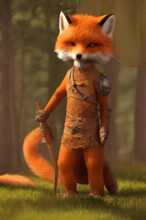Prompt: a medieval anthropomorphic fox with a fluffy tail in a forest, backlighting, cgi, rendered in unreal engine, trending on artstation, cartoon