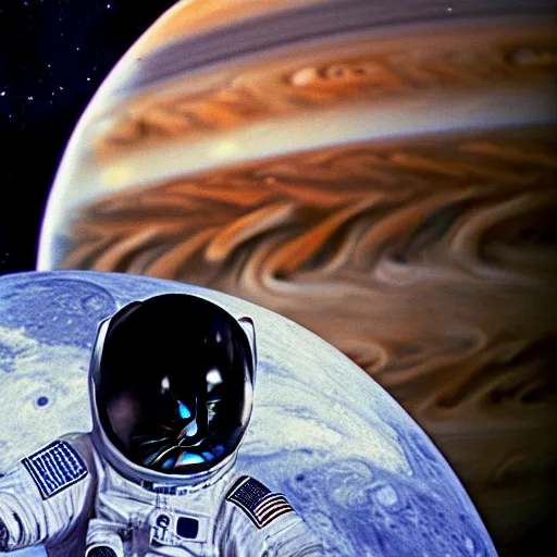 Image similar to cat with astronaut helmet flying over the jupiter, photo