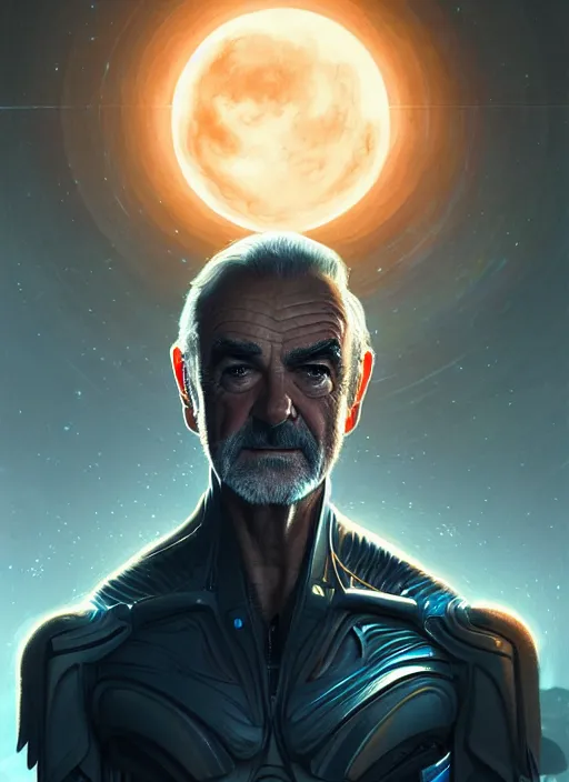 Image similar to sean connery as alien hunter, intricate, elegant, glowing lights, highly detailed, digital painting, artstation, glamor pose, concept art, smooth, sharp focus, illustration, art by artgerm and greg rutkowski, artey freytag