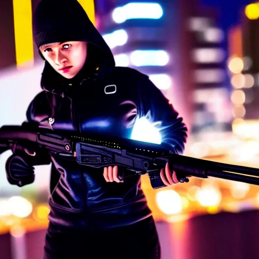 Prompt: photographic portrait of a techwear woman holding a shotgun, closeup, on the rooftop of a futuristic city at night, sigma 85mm f/1.4, 4k, depth of field, high resolution, full color, Die Hard, movies with guns, movie firearms, girls with guns pinterest