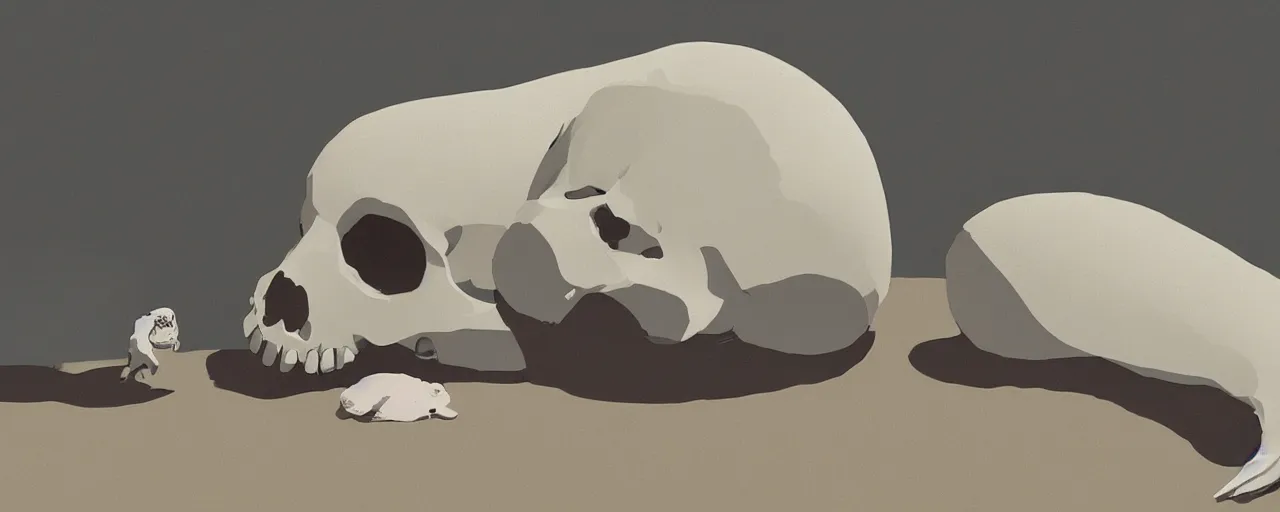 Image similar to seal bones and skull, in river mud, atey ghailan, goro fujita, studio ghibli, rim light, sad, very dark fading to black, clear focus, very coherent