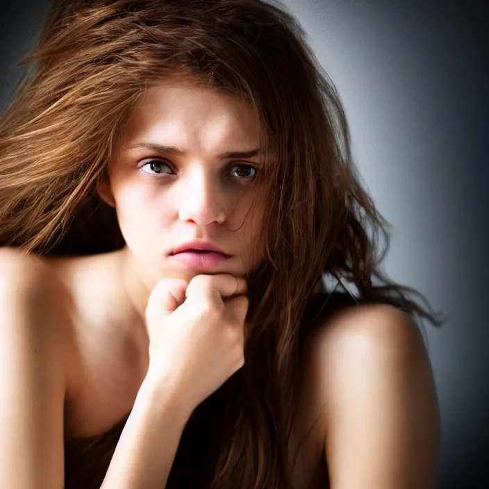 Prompt: photographic Close-up face of a extremely beautiful girl with light brown hair , high light on the left, non-illuminated backdrop, illuminated by a dramatic light, Low key lighting, light dark, High constrast, dramatic , Steve Mccurry, Greg Rutkowski, Alphonse Mucha ,dark background, high quality, photo-realistic,four fingers maximum ,8K,