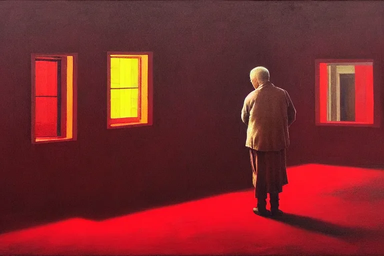 Prompt: only with red, a red old man try to sell a portrait, cheering crowd, in a old city square, in the style of beksinski, parts by edward hopper, parts by rodcenko, parts by yue minjun, intricate and epic composition, red by caravaggio, insanely quality, highly detailed, masterpiece, red light, artstation, 4 k