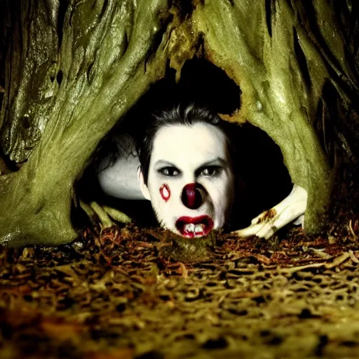 Image similar to hyper realistic horror photo of a pale, wide - eyed vampire crawling from a hole beneath a tree, cinematic, night