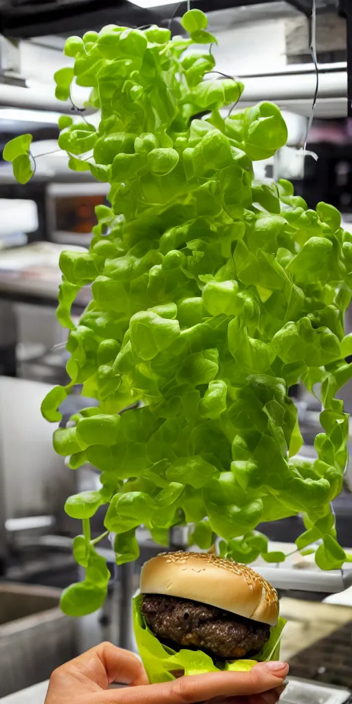 Prompt: a lab - grown cheese burger, growing right out of a hydroponic vine, amazing cheeseburger science garden