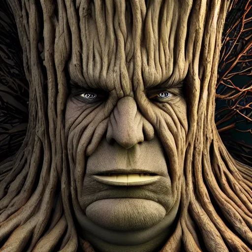 Image similar to donald trump is fused into a tree stump, hyperdetailed, artstation, cgsociety, 8 k
