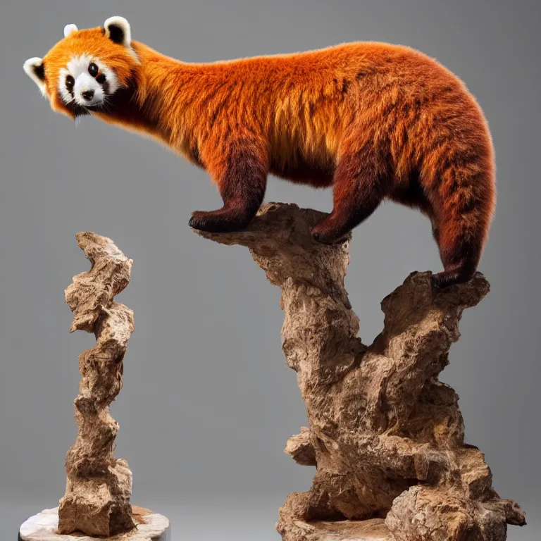 Image similar to hyperrealistic sculpture of the fossilized remains of a giant red panda with some flesh attached on a pedestal by ron mueck and duane hanson and damien hirst, hyperrealistic dramatic colored lighting trending on artstation 8 k