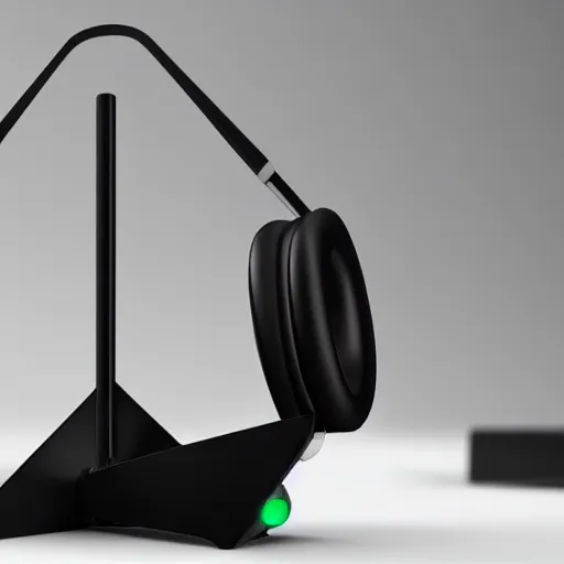 Image similar to wireless headphone stand stand stand, futuristic, techno, cyberpunk, product design, render, concept, fun, geometric