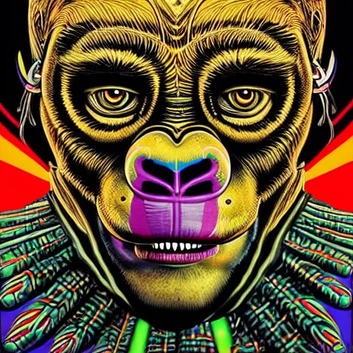 Prompt: jim carrey, will smith, madonna, lady gaga, barong family, wiwek, mara demon, one single tribe member, jungle, one single mask, dark, ancient warrior, grumpy gorilla, violence blood, tribal, inner glow, art by dan mumford and justin gerard