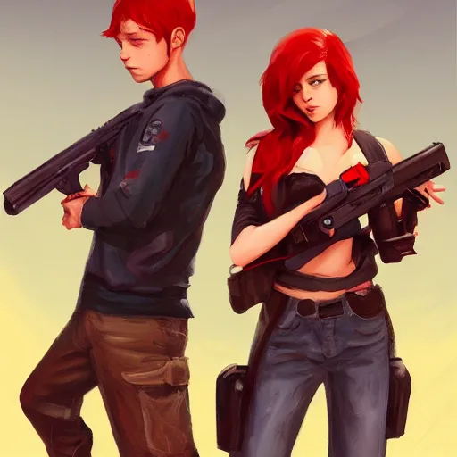 Image similar to a concept art of a boy and a girl with red hair holding a gun, highly detailed, digital painting, artstation, concept art, smooth, sharp focus, illustration