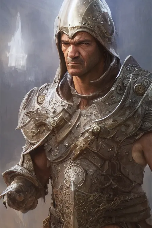 Image similar to portrait of antonio banderas as holy paladin, fantasy, d&d, intricate, highly detailed, smooth, artstation, digital illustration by Ruan Jia and Mandy Jurgens and Artgerm and Wayne Barlowe and Greg Rutkowski and Zdislav Beksinski