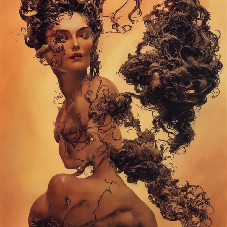 Image similar to portrait of a woman with swirling hair and fractal skin by frank frazetta, retrofuturism, psychedelic art reimagined by industrial light and magic