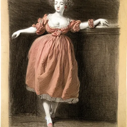 Prompt: Drawing of a woman, full body, clothed, François Boucher, red chalk, watteau