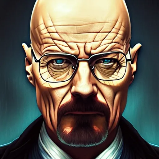 Image similar to Walter White mad and bald by Artgerm and Greg Rutkowski, intricate, elegant, highly detailed, digital painting