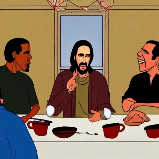 Prompt: jesus and obama having a discussion with jerry seinfeld at the last supper in a cafe