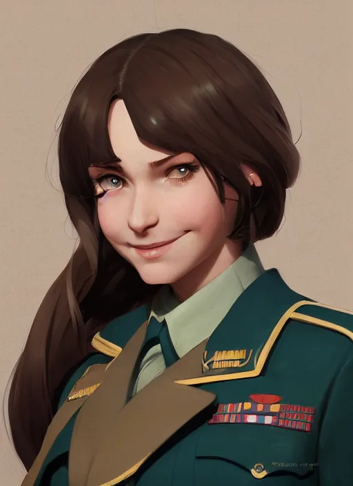 Image similar to portrait of young woman with light brown shoulder length hair and hazel eyes dressed in a sharp dark teal military uniform, smiling, ilya kuvshinov, svetlana tigai, greg rutkowski, loish, artgerm, digital painting, concept art