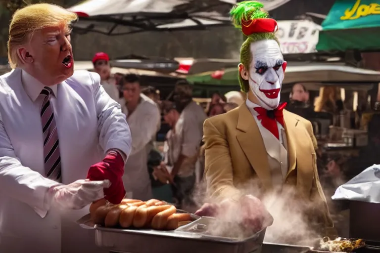 Image similar to a Film still of Donald trump selling hotdogs in the new joker movie, 4k