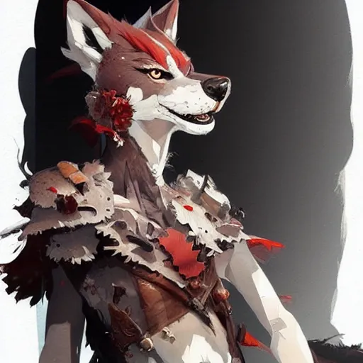 Image similar to concept art of anthropomorphized wolf, highly detailed painting by dustin nguyen, akihiko yoshida, greg tocchini, 4 k, trending on artstation, 8 k