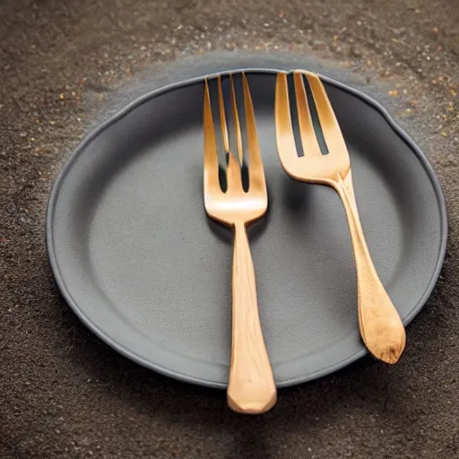 Image similar to a fork made of sand, realistic, ultra high detail, the fork is on a plate, the plate is on a wooden table.