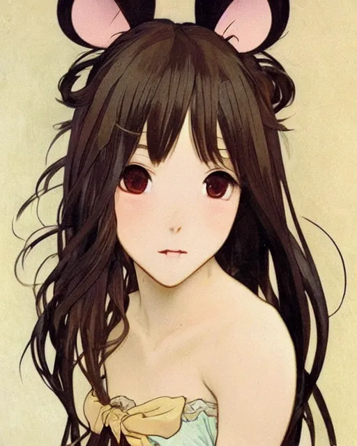 Image similar to A cute frontal painting of a very very beautiful anime skinny mousegirl with long wavy brown colored hair and small mouse ears on top of her head wearing a cute black dress and black shoes looking at the viewer, elegant, delicate, feminine, soft lines, higly detailed, smooth , pixiv art, ArtStation, artgem, art by alphonse mucha Gil Elvgren and Greg rutkowski, high quality, digital illustration, concept art, very long shot