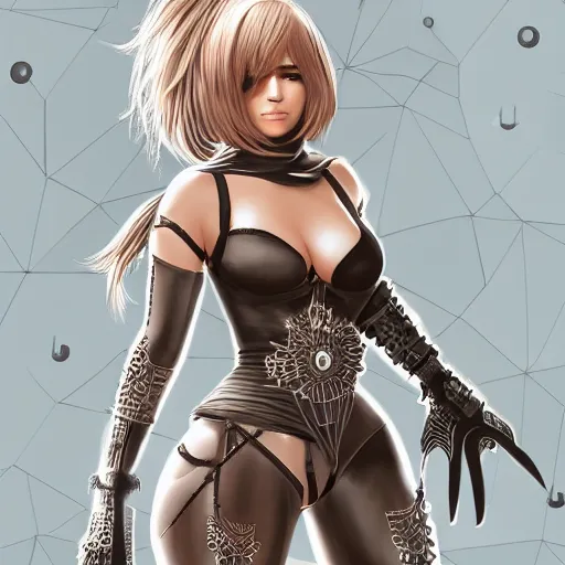 Image similar to jennifer lopez as 2B nier automata, cute, intricate, elegant, highly detailed, digital painting, 4k, HDR, concept art, smooth, sharp focus, illustration,