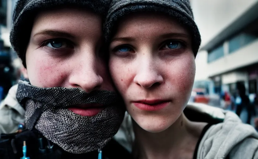 Image similar to cinestill 5 0 d photographic portrait by helen levitt of a white and mixed female android adult couple wearing rugged black techwear in a brilliant cyberpunk city, extreme closeup, modern cyberpunk, dust storm, 8 k, hd, high resolution, 3 5 mm, f / 3 2, ultra realistic faces, intricate detail, ex machina