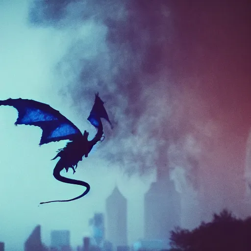 Image similar to dimly lit localized smoke, muted multi-color lapis, muted neon smoke, ground fog, localized smoke with vague feathered outline of fierce flying dragons with large vague outstretched wings, bokeh