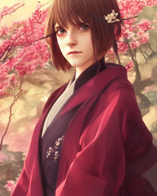 Image similar to An anime portrait of Emma Watson as a beautiful woman wearing a kimono from Skyrim, by Stanley Artgerm Lau, WLOP, Rossdraws, James Jean, Andrei Riabovitchev, Marc Simonetti, and Sakimichan, trending on artstation