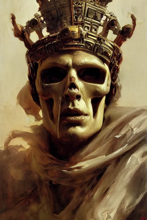 Image similar to beautiful expressive oil painting portrait of ancient roman god emperor cyborg with a skull mask ascending wearing the civic crown, art by anders zorn, wonderful masterpiece by greg rutkowski, beautiful cinematic light, american romanticism by greg manchess, jessica rossier