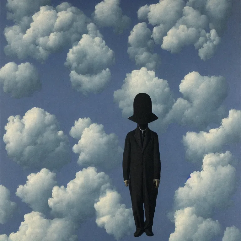 Prompt: portrait of a scary creepy ghost, clouds in the background, by rene magritte, detailed painting, distance, middle centered, hd, hq, high resolution, high detail, 4 k, 8 k