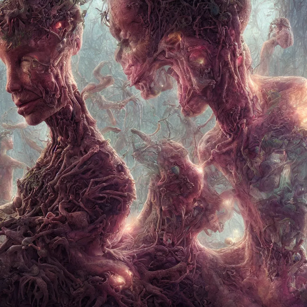 Prompt: extremely detailed cinematic movie still portrait of glowing fairies eat magic mashrooms hyperreal skin face by denis villeneuve, wayne barlowe, simon birch, marc simonetti, philippe druillet, beeple, alex grey bright volumetric sunlight, rich moody colors, closeup, bokeh