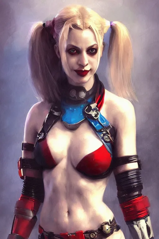 Image similar to portrait of Harley Quinn in bikini armor, dc comics, cyberpunk, Warhammer 40000, digital art from artstation by Ruan Jia and Mandy Jurgens and Artgerm and william-adolphe bouguereau
