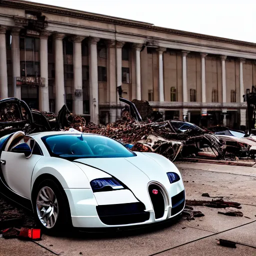 Prompt: photograph of a wrecked bugatti veyron in front of union station in kansas city missouri, dramatic lighting, realistic, 8 k